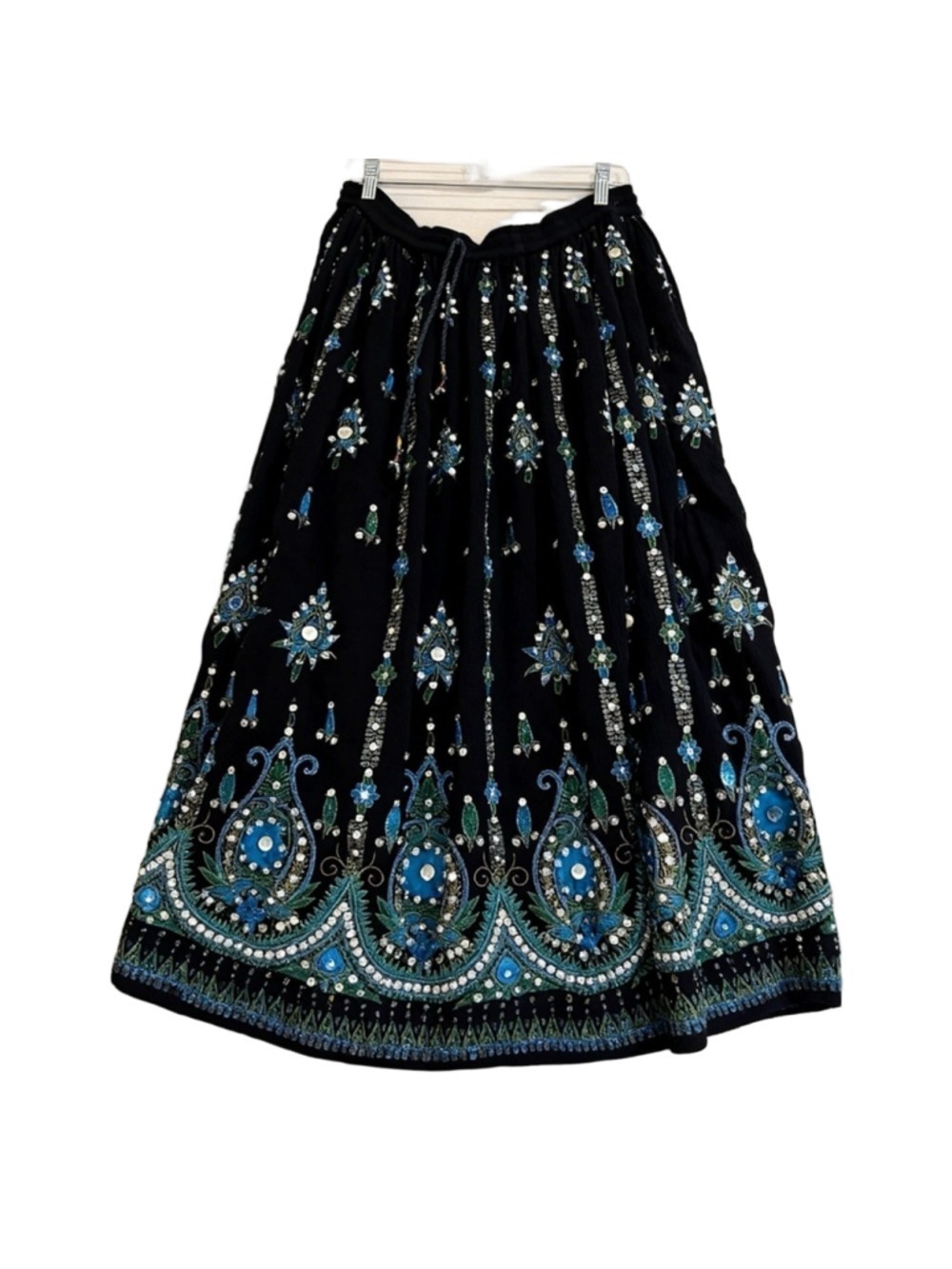 Vintage Take Two Cotton Black Midi Skirt Beaded Sequin Boho Festival Size L